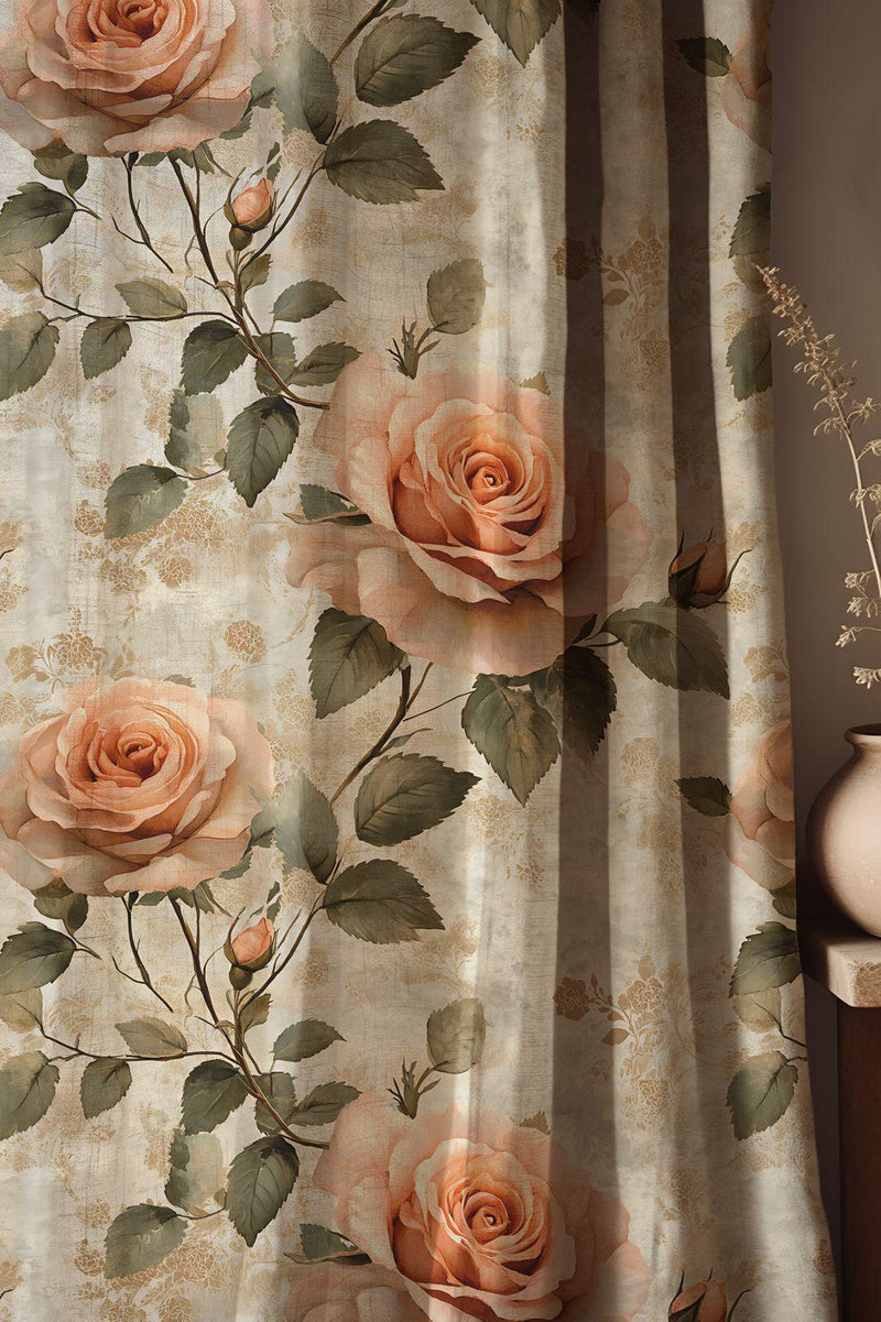 Romantic Rose Linen Curtain – Vintage Peach Floral Drape with Elegant Garden Style