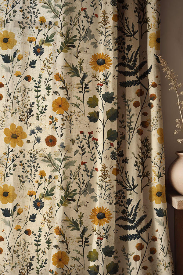 Wildflower Meadow Linen Curtain – Rustic Cottagecore Botanical Window Panel for Fall Home Decor