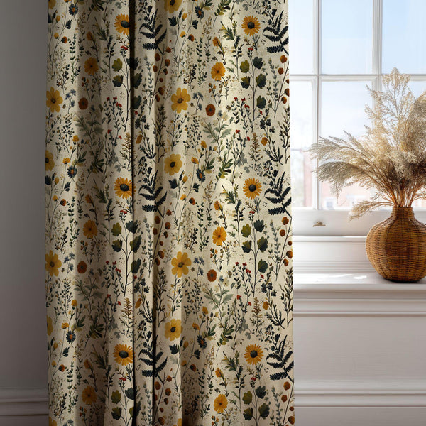 Wildflower Meadow Linen Curtain – Rustic Cottagecore Botanical Window Panel for Fall Home Decor