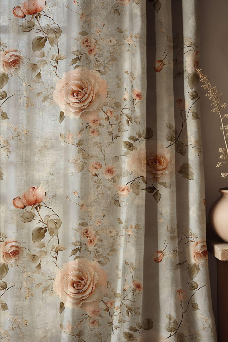 Blush Rose Bloom Linen Curtain – Soft Sheer Botanical Panel for Romantic Vintage Interiors