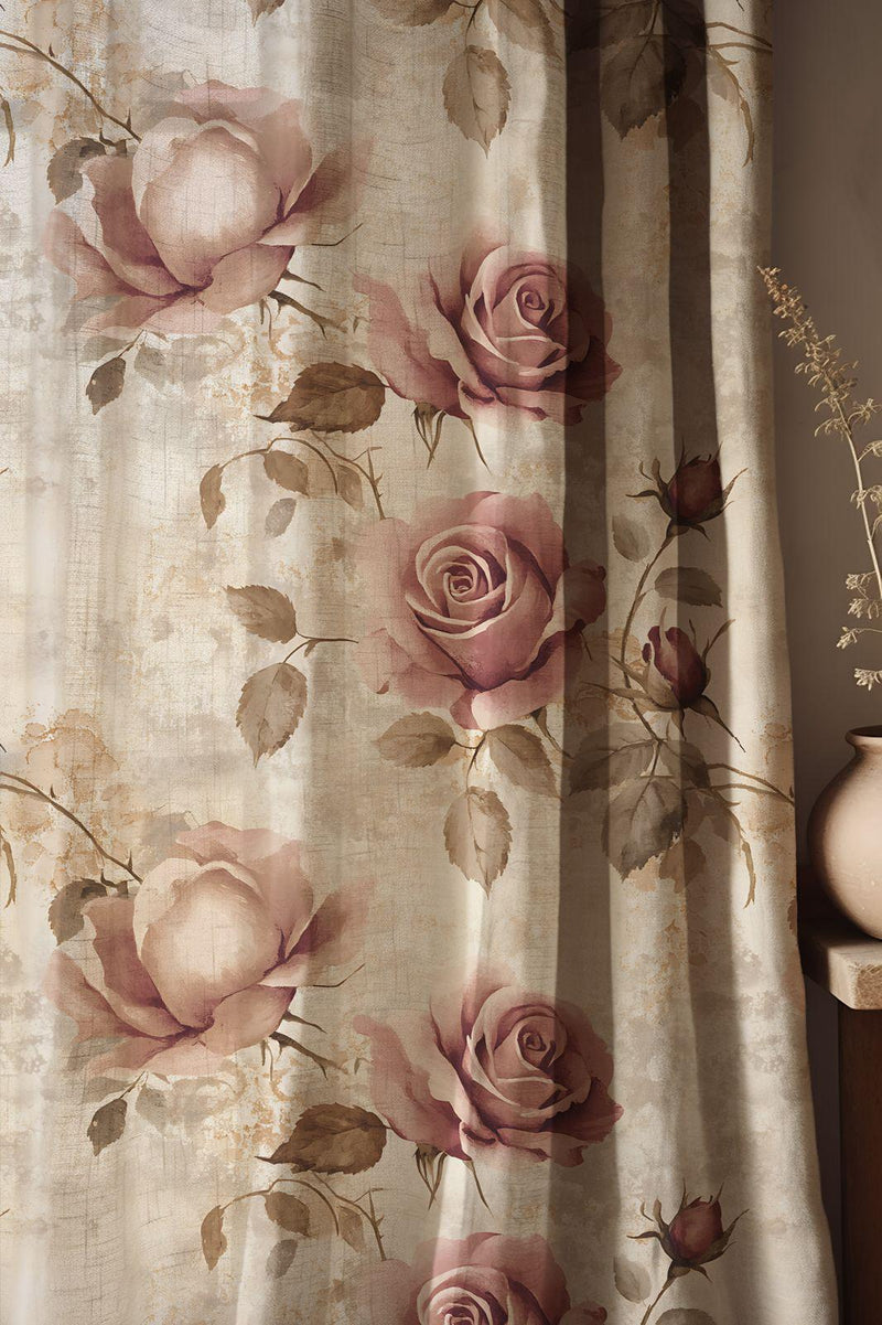 Dusty Rose Linen Curtain: Vintage Floral Blush Pink Panel