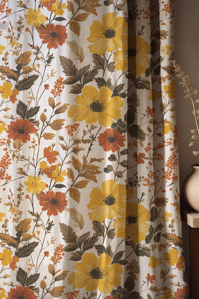 Sunlit Garden Linen Curtain – Bright Botanical Floral Panel for Boho or Farmhouse Style