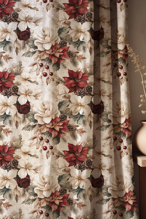Rustic Christmas Linen Curtain: Poinsettia, Rose & Pinecone Print
