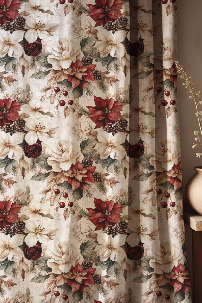 Rustic Christmas Linen Curtain: Poinsettia, Rose & Pinecone Print