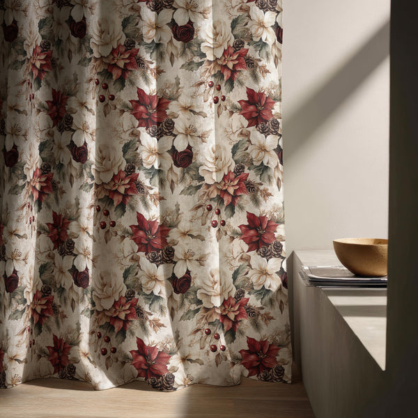Rustic Christmas Linen Curtain: Poinsettia, Rose & Pinecone Print