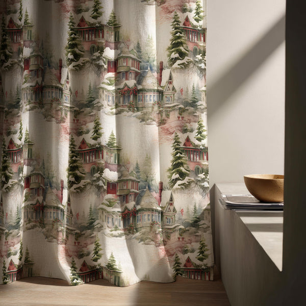 Vintage Linen Christmas Curtain: Snowy Village & Pine Tree Print