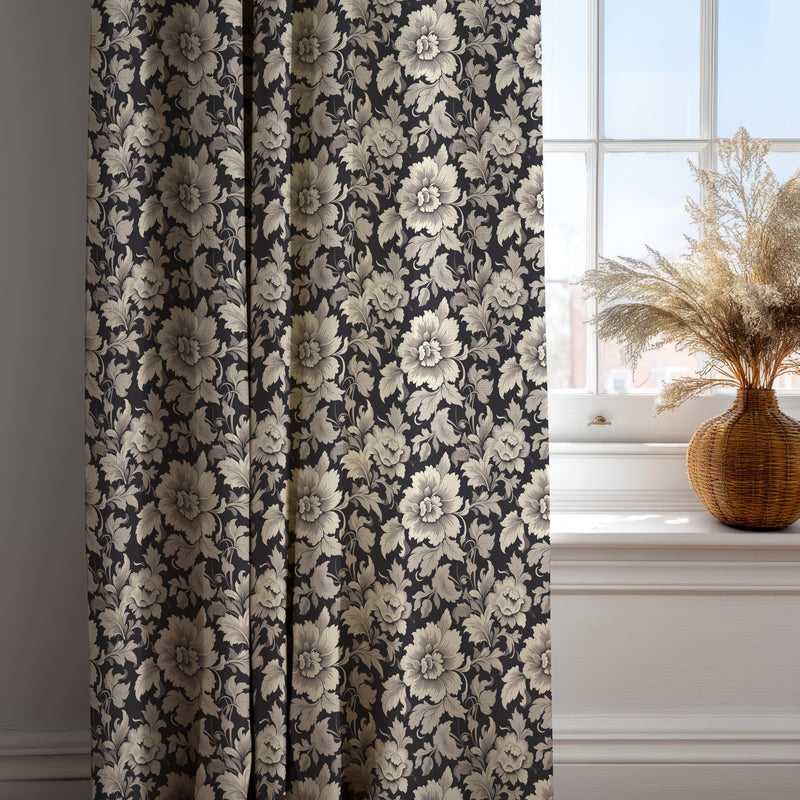Cotton Linen Black Floral Curtain – Elegant Botanical Drapery Panel for Living Room or Bedroom