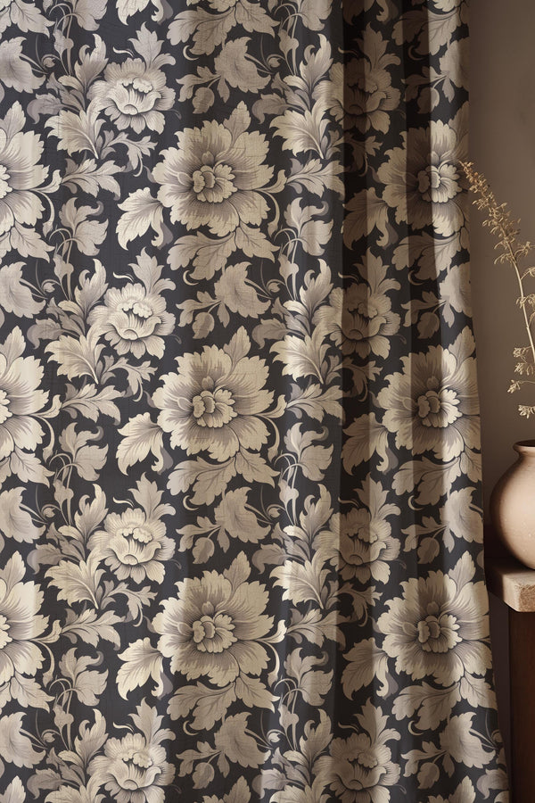 Cotton Linen Black Floral Curtain – Elegant Botanical Drapery Panel for Living Room or Bedroom