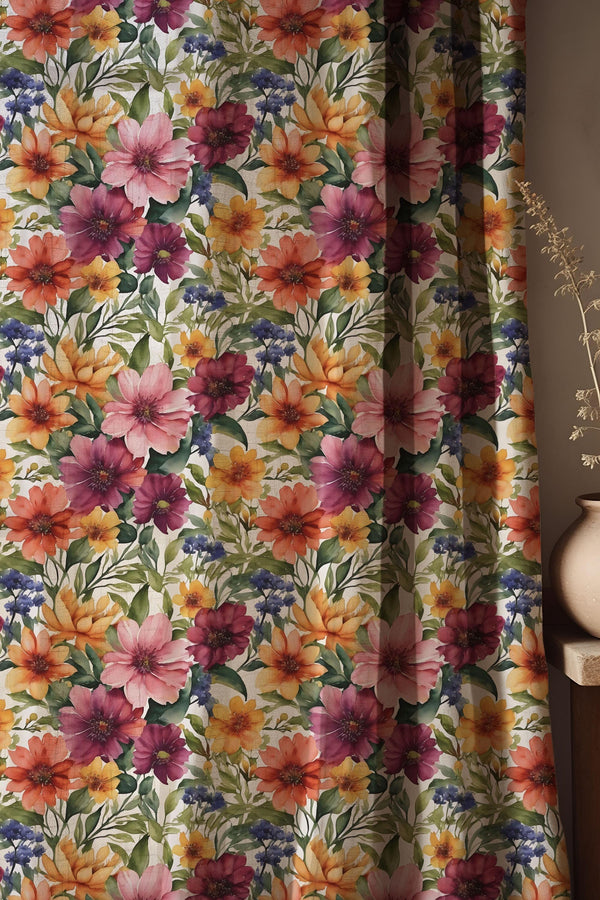 Colorful Cotton Linen Floral Curtain – Vibrant Botanical Drapery Panel for Living Room or Bedroom