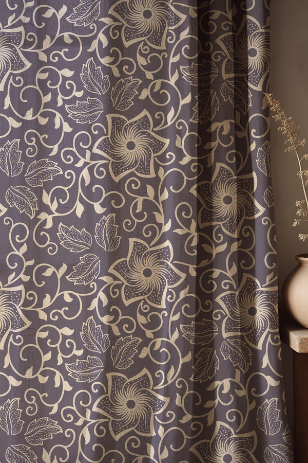 Purple Gold Floral Curtain Panel: Cotton Linen Blend Drapery
