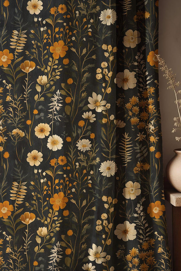 Black Wildflower Linen Curtain – Botanical Cottagecore Floral Drape for Natural Home Decor