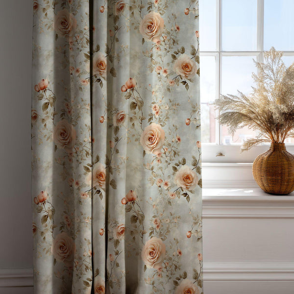 Blush Rose Bloom Linen Curtain – Soft Sheer Botanical Panel for Romantic Vintage Interiors