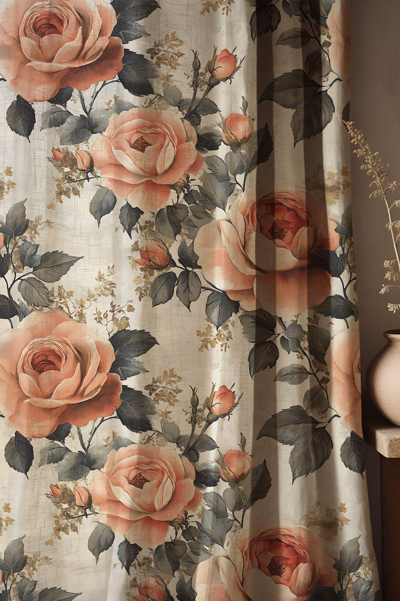 Dramatic Rose Garden Linen Curtain – Moody Botanical Panel with Vintage Charm for Cozy Interiors