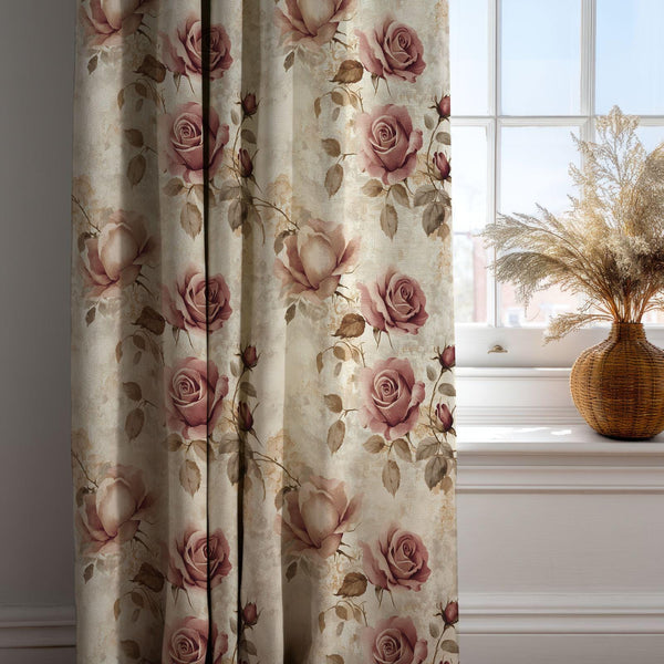 Dusty Rose Linen Curtain: Vintage Floral Blush Pink Panel