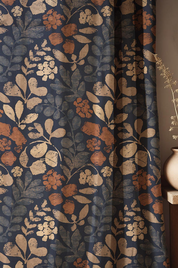 Vintage Navy Blue Floral Linen Curtain: Rustic Botanical Window Panel