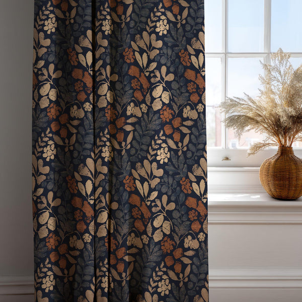 Vintage Navy Blue Floral Linen Curtain: Rustic Botanical Window Panel