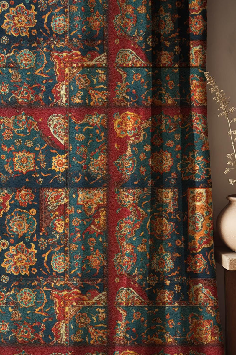 Oriental Pattern Linen Curtain: Red and Navy Vintage Patchwork Drapes with Persian Motif Design