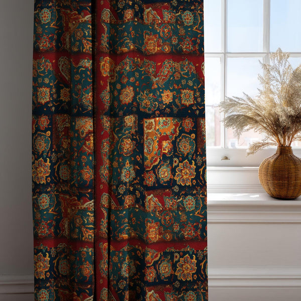 Oriental Pattern Linen Curtain: Red and Navy Vintage Patchwork Drapes with Persian Motif Design