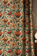 Vintage Floral Linen Curtain: Red, Gold, Green Botanical Print Drapes - Image 1