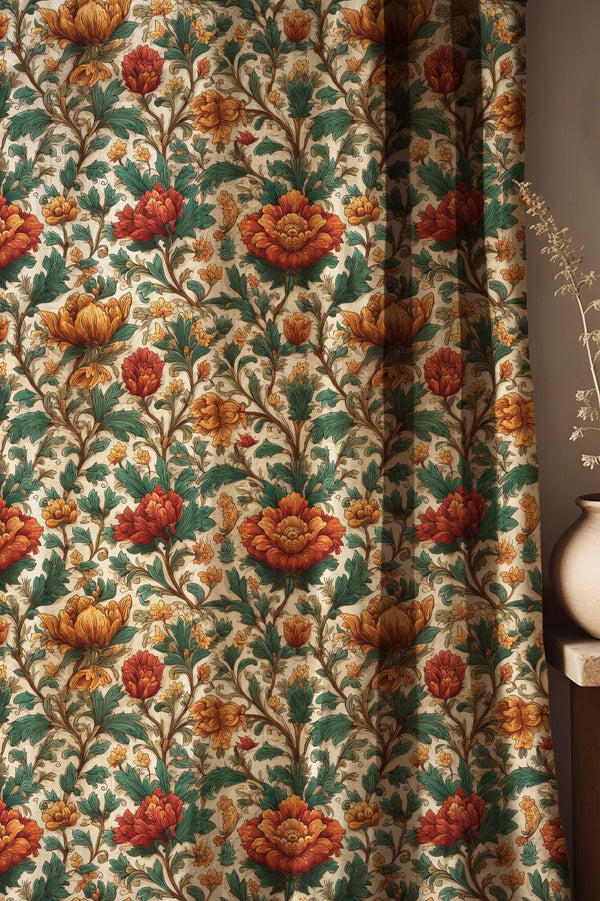 Vintage Floral Linen Curtain: Red, Gold, Green Botanical Print Drapes