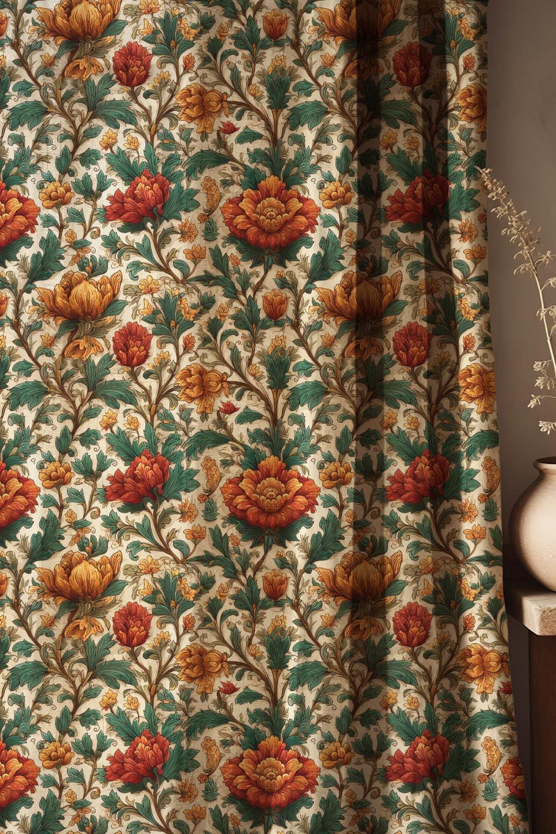Vintage Floral Linen Curtain: Red, Gold, Green Botanical Print Drapes