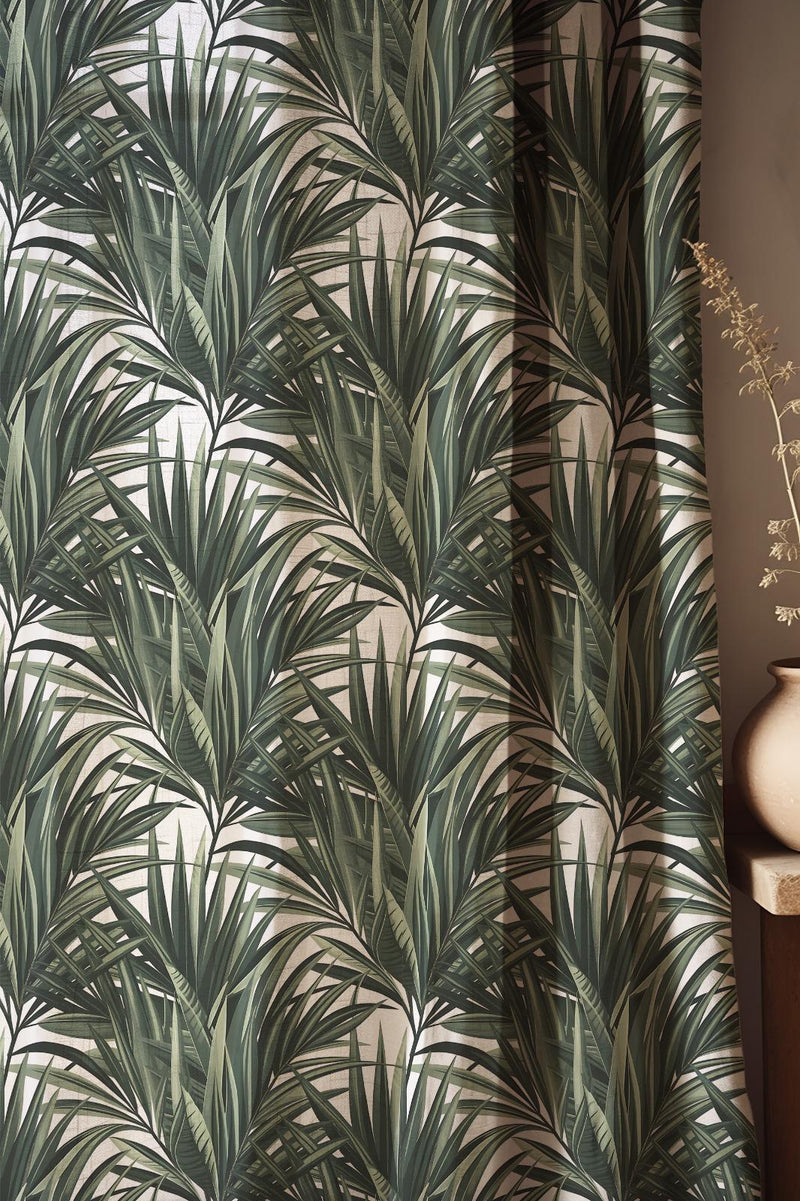 Tropical Palm Linen Curtain: Green Leaf Botanical Drapes on Cream Background, Modern Jungle Style