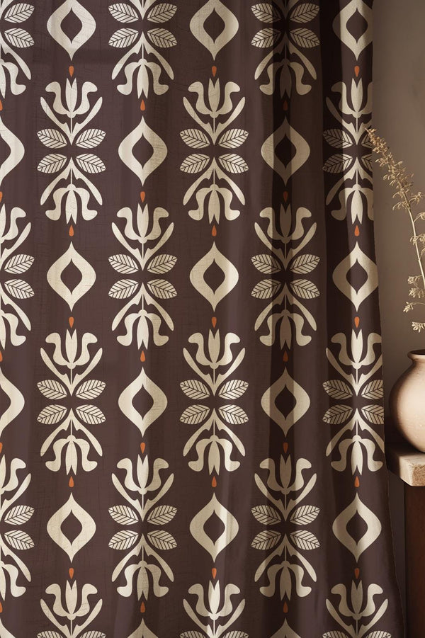 Brown Ikat Linen Curtain: Geometric Cream Pattern Drapes, Bohemian Tribal Style Window Panels