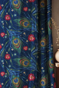 Peacock Feather Linen Curtain: Navy Blue Botanical Drapes - Image 1