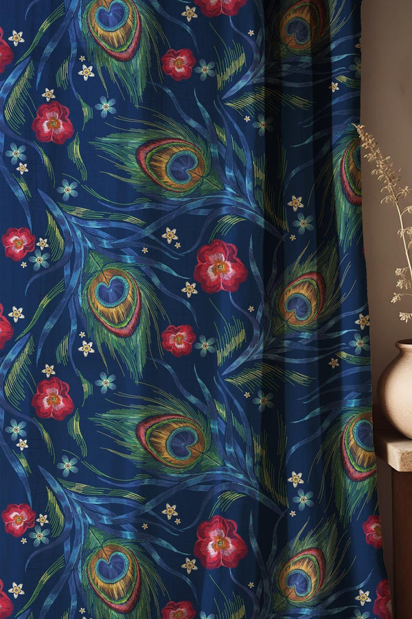 Peacock Feather Linen Curtain: Navy Blue Botanical Drapes