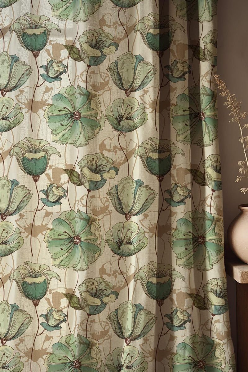Mint Green Floral Linen Curtain: Beige Drapes with Watercolor Botanical Blooms, Elegant Nature-Inspired Design