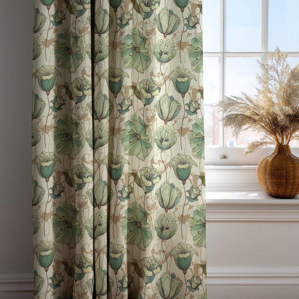 Mint Green Floral Linen Curtain: Beige Drapes with Watercolor Botanical Blooms, Elegant Nature-Inspired Design