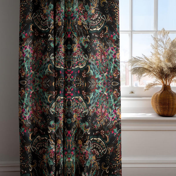 Bohemian Linen Curtain: Paisley Black Drapes, Red Green Gold Accent