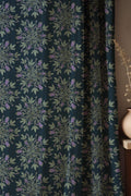Navy Linen Curtain: Botanical Lavender Blooms & Green Leaves - Image 1