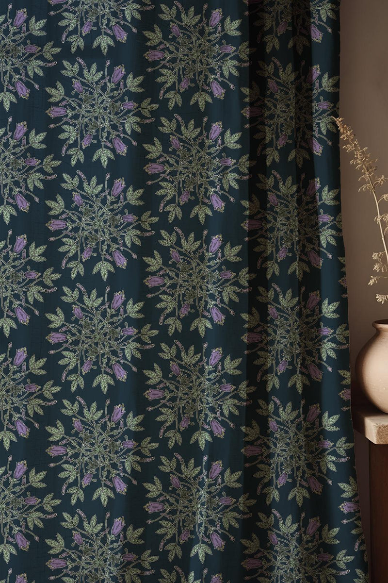 Navy Linen Curtain: Botanical Lavender Blooms & Green Leaves