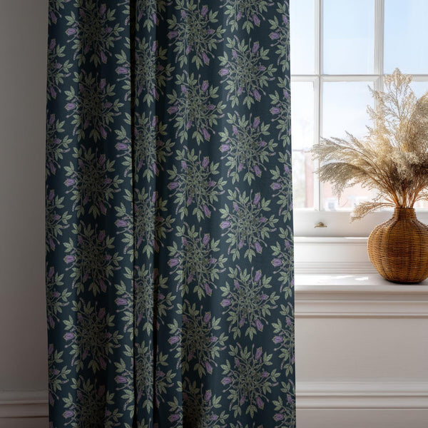 Navy Linen Curtain: Botanical Lavender Blooms & Green Leaves