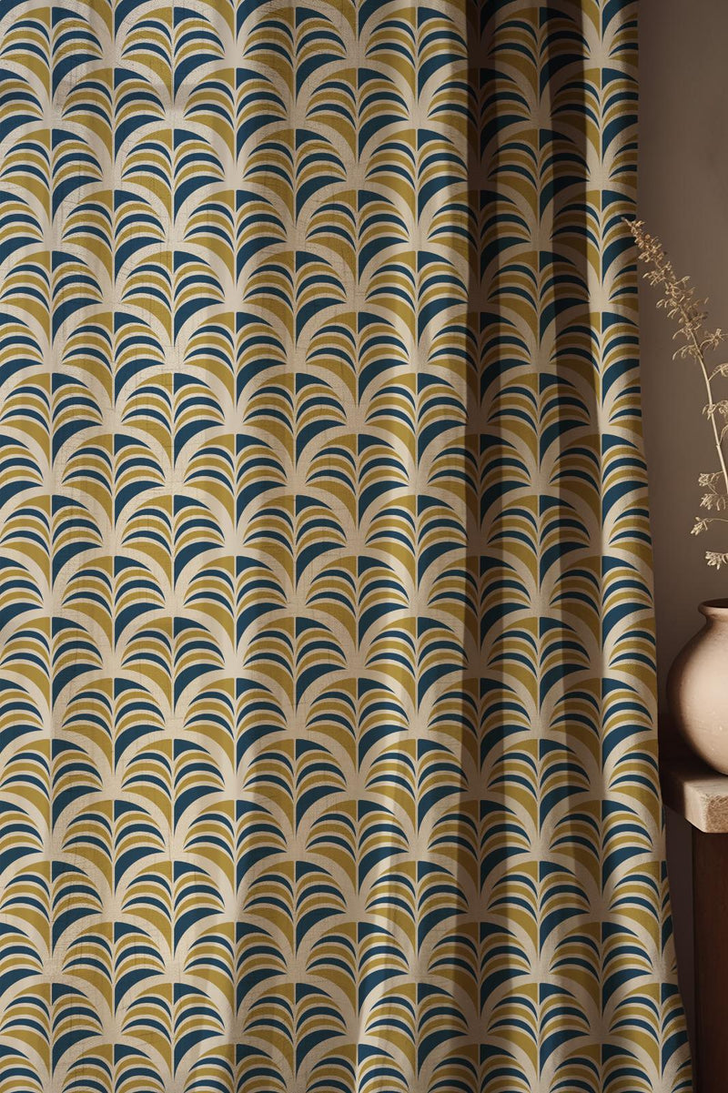 Art Deco Linen Curtain: Geometric Teal & Gold Pattern