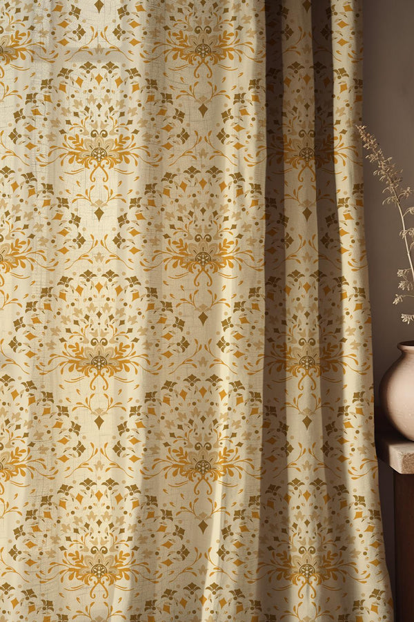 Golden Damask Linen Curtain: Beige Drapes with Ornate Pattern, Classic Vintage Luxury Style