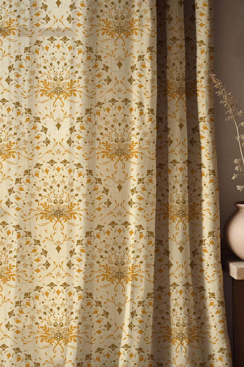 Golden Damask Linen Curtain: Beige Drapes with Ornate Pattern, Classic Vintage Luxury Style