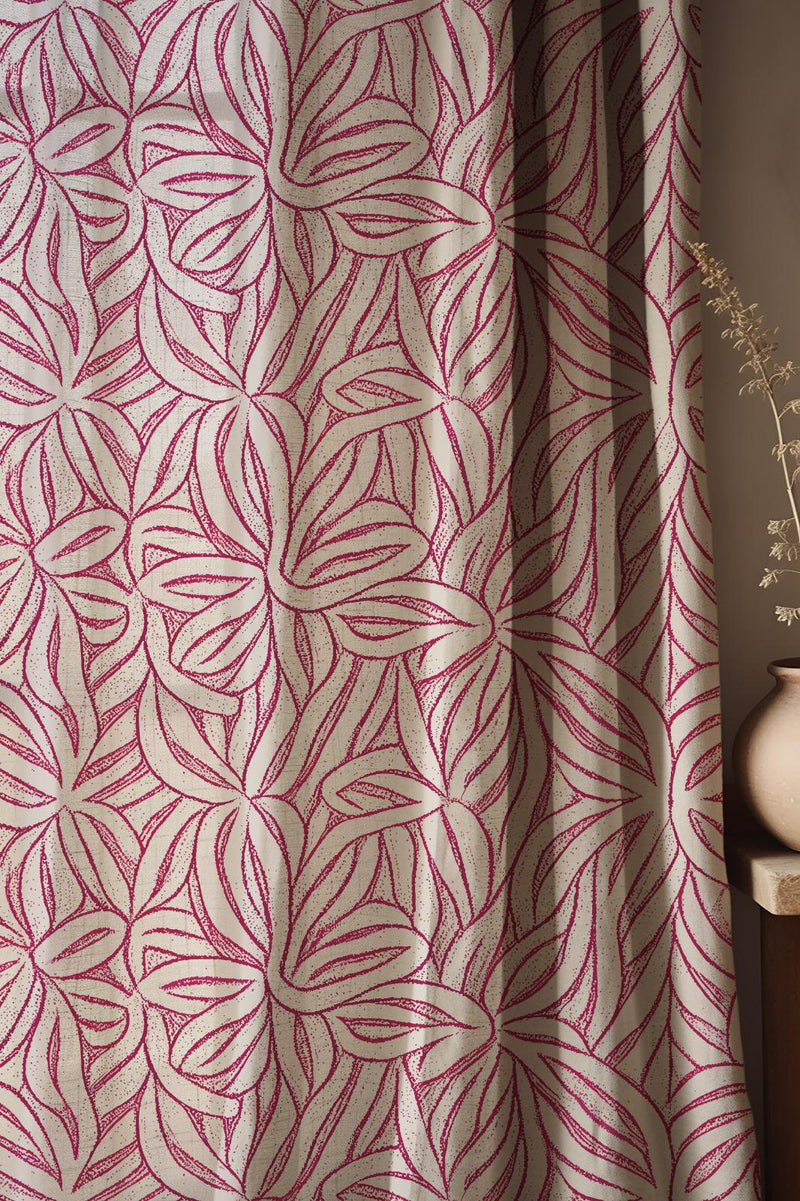 Modern Pink Leaf Linen Curtain: Cream Drapes with Abstract Botanical Pattern, Contemporary Nature Design