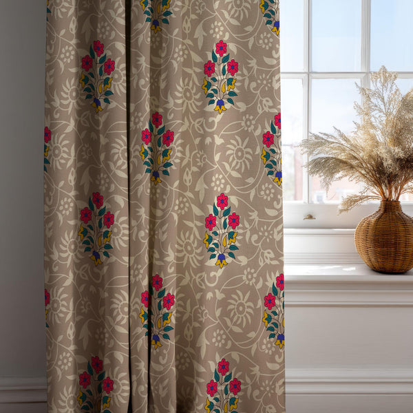 Floral Linen Curtain: Pink & Yellow Flowers, Cream Damask