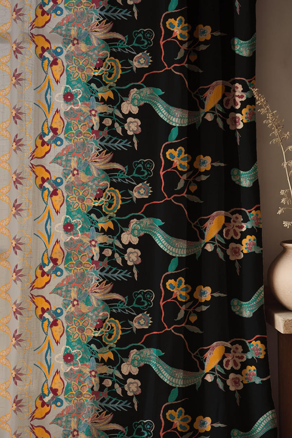 Boho Linen Curtain: Black Floral Drapes with Exotic Birds