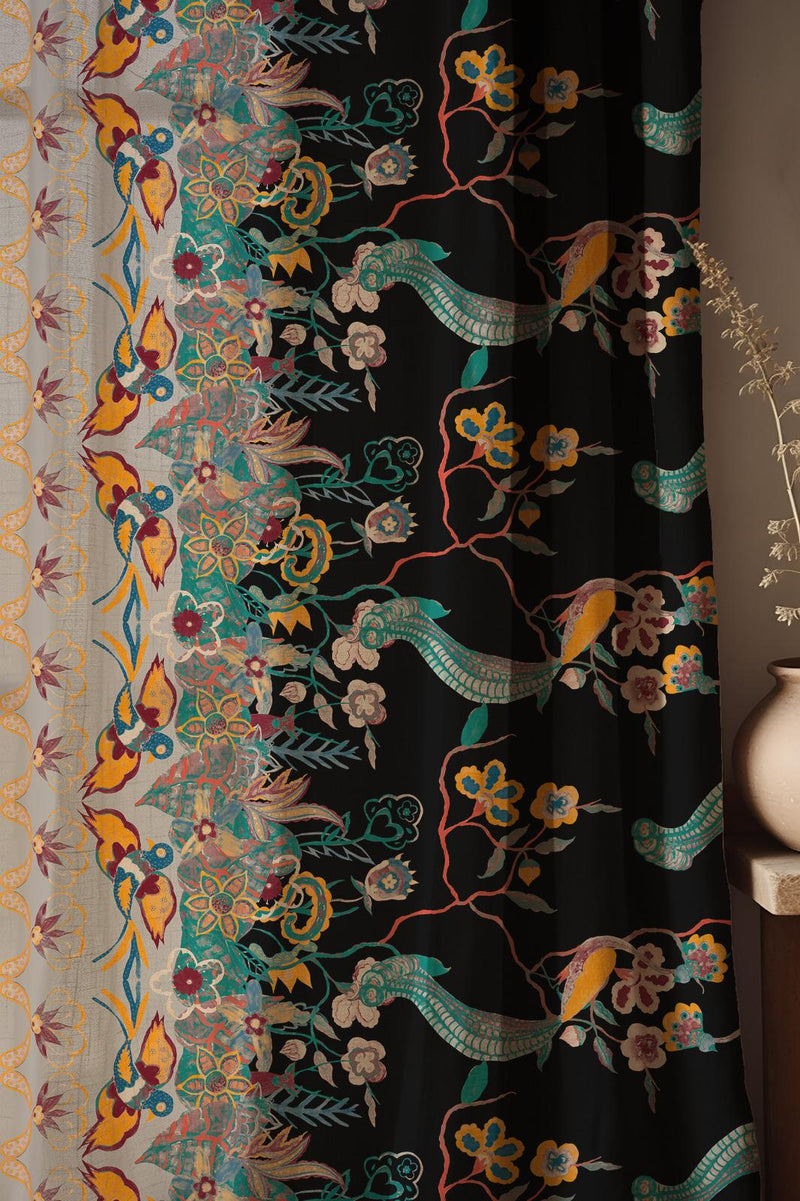 Boho Linen Curtain: Black Floral Drapes with Exotic Birds