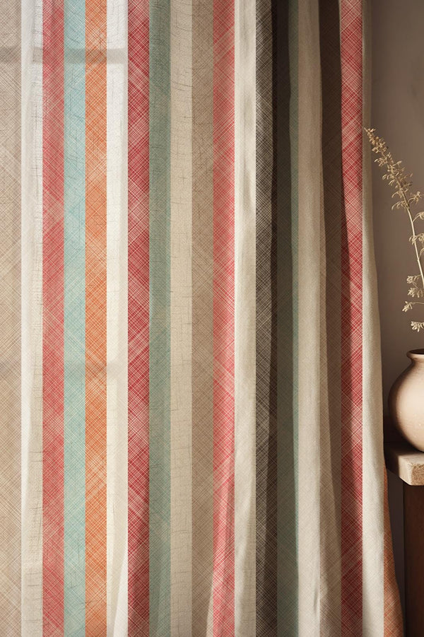Striped Linen Curtain: Soft Coral, Teal, and Beige Drapes