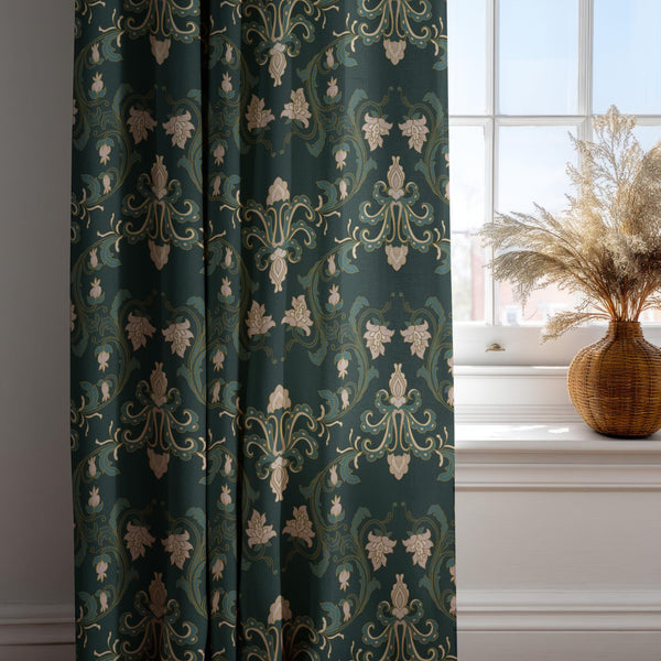 Emerald Green Linen Curtain: Baroque Floral Drapes with Gold Accents