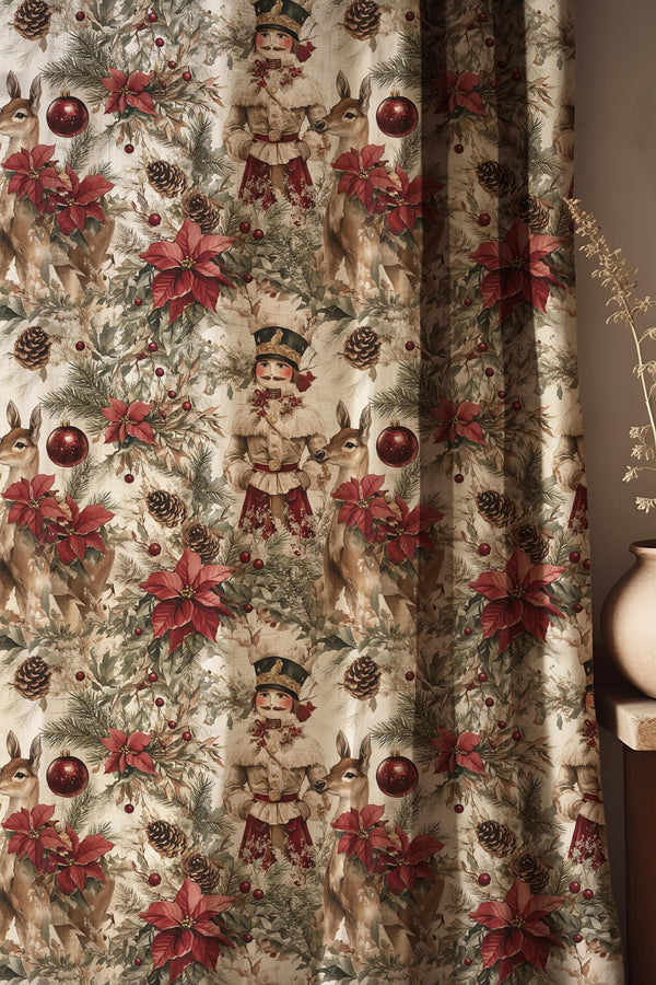Vintage Christmas Curtain: Nutcracker, Deer & Poinsettia Print - Linen Holiday Drapes