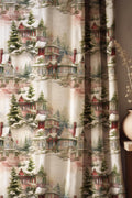 Vintage Linen Christmas Curtain: Snowy Village & Pine Tree Print - Image 1