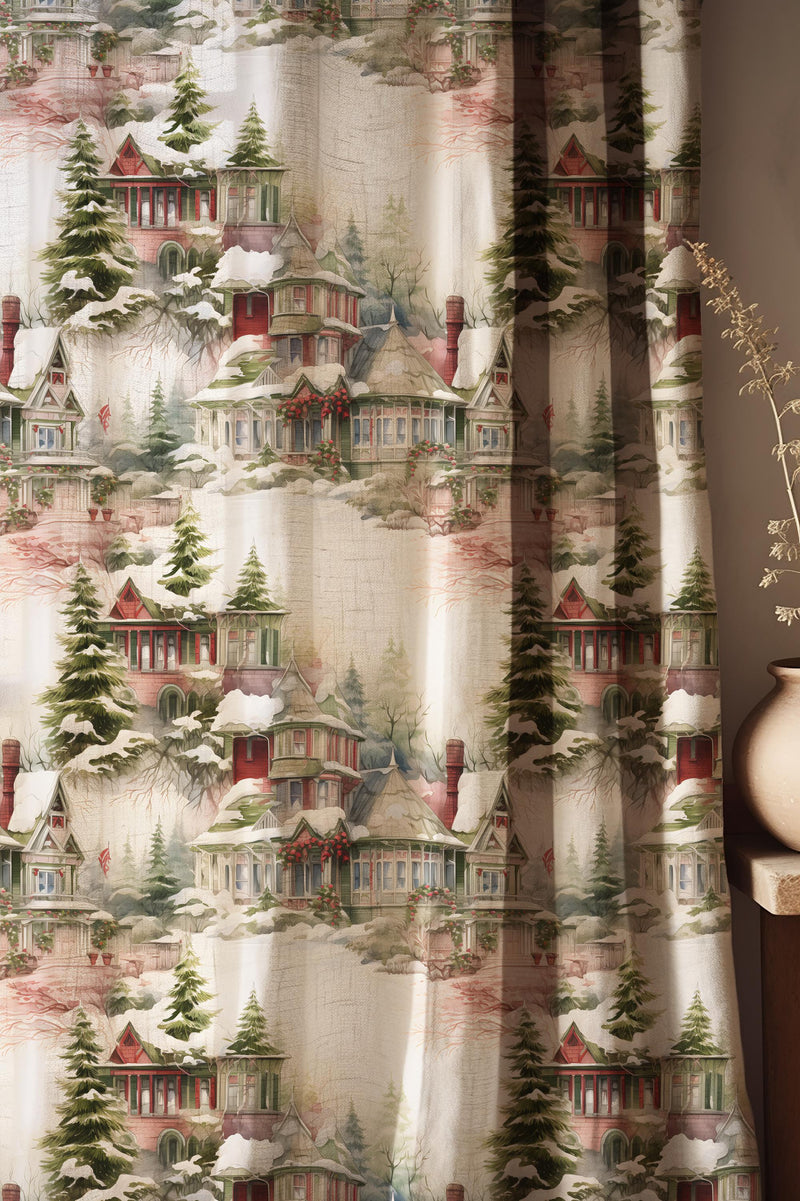 Vintage Linen Christmas Curtain: Snowy Village & Pine Tree Print