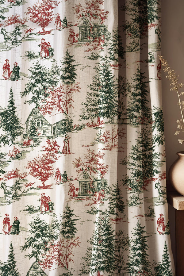 Vintage Linen Curtain: Rustic Countryside Toile Print, Farmhouse Decor