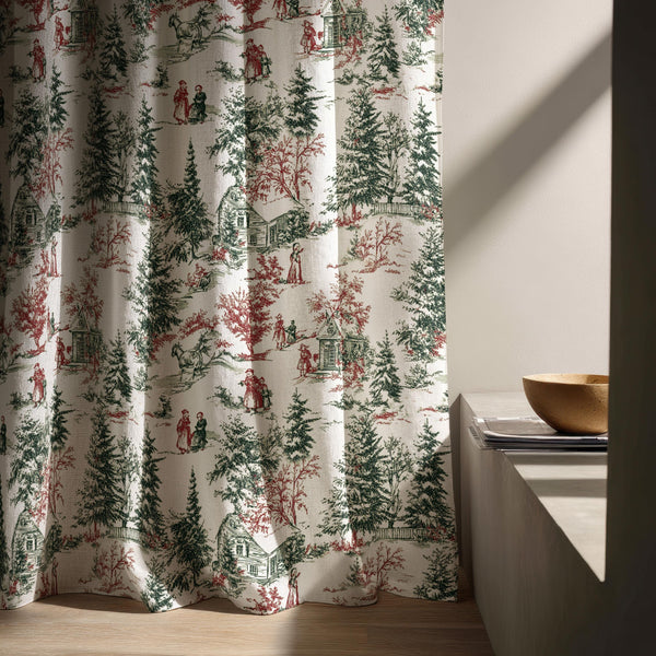 Vintage Linen Curtain: Rustic Countryside Toile Print, Farmhouse Decor