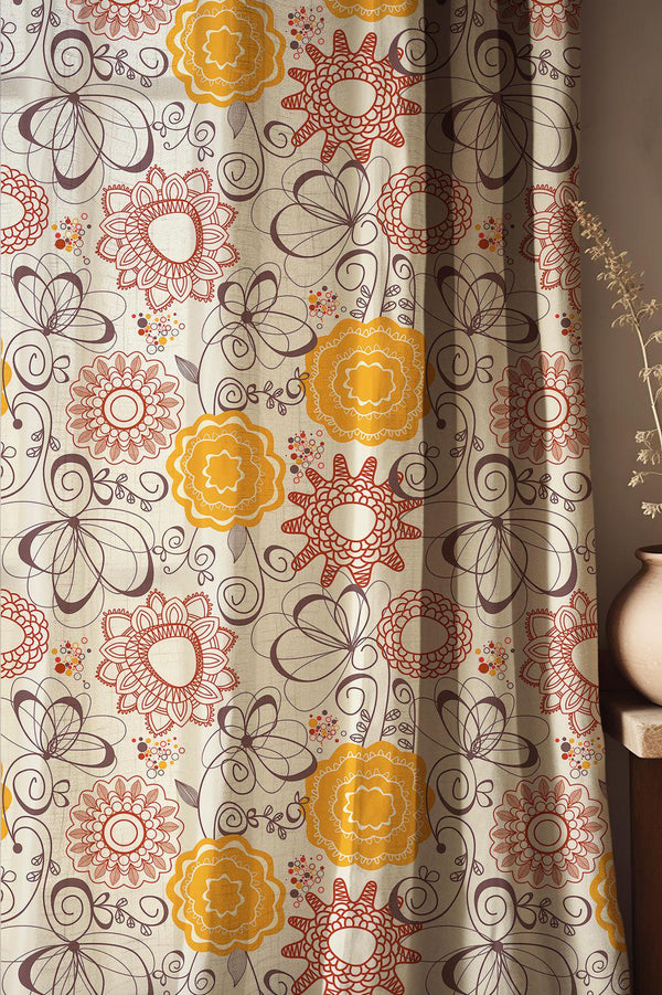 Retro Floral Linen Curtain: Yellow & Red Botanical Print Drapes